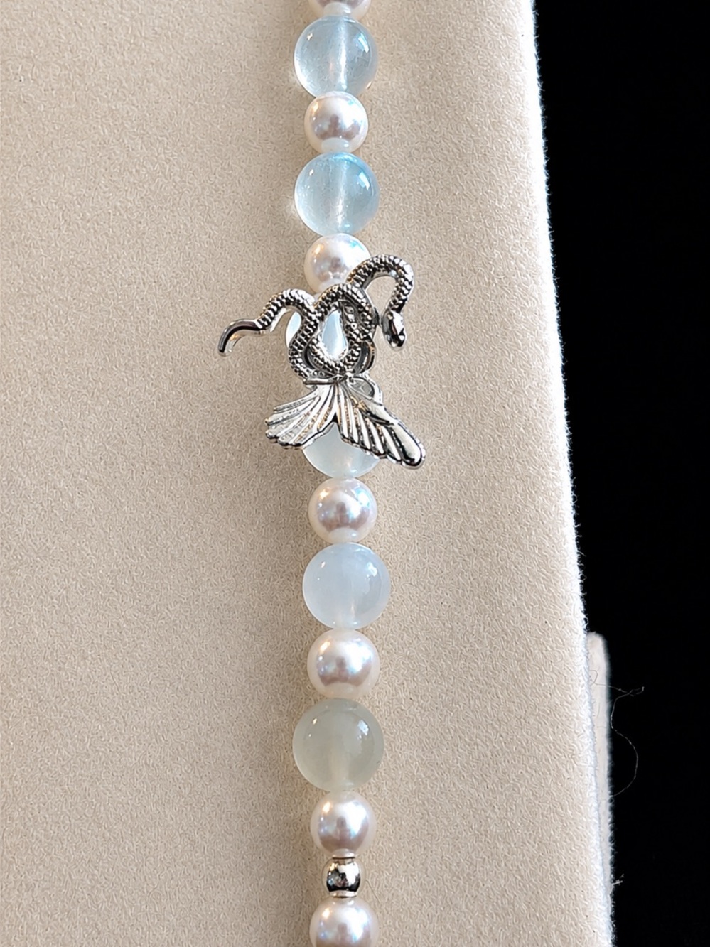 Snake & Butterfly Metamorphosis Pearl Bracelet with Milky Aquamarine Beads